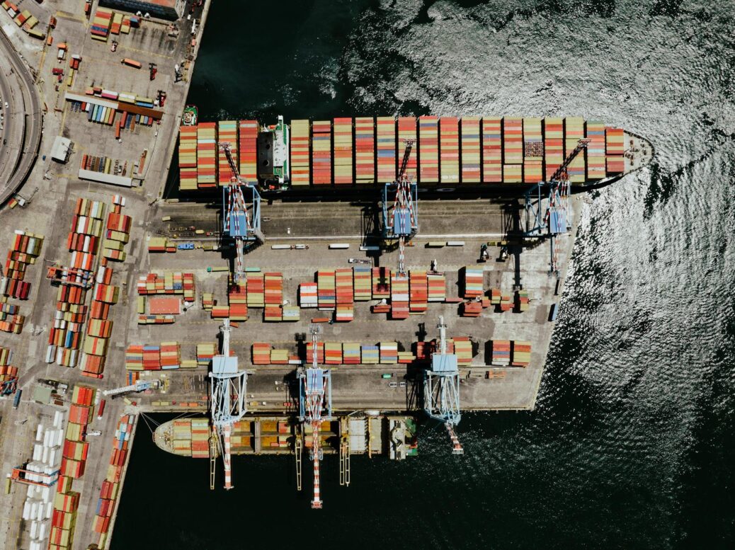 drone shot of a container ship in the port