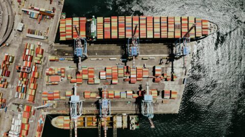 drone shot of a container ship in the port