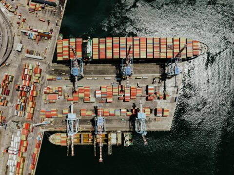 drone shot of a container ship in the port