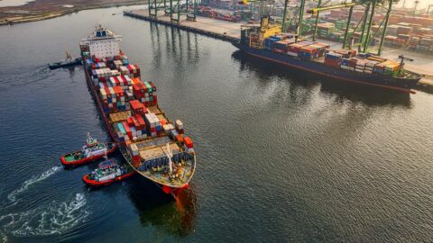 aerial shot of cargo ship on sea