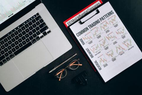 printout graphs on a clipboard beside a laptop